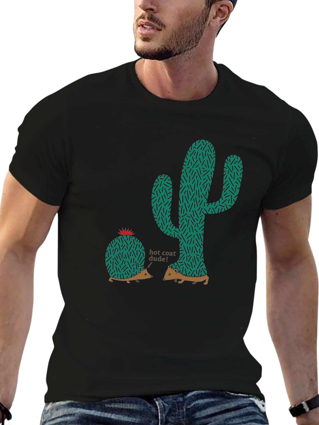 Unique Hedgehog & Cactus Graphic Tee - Black