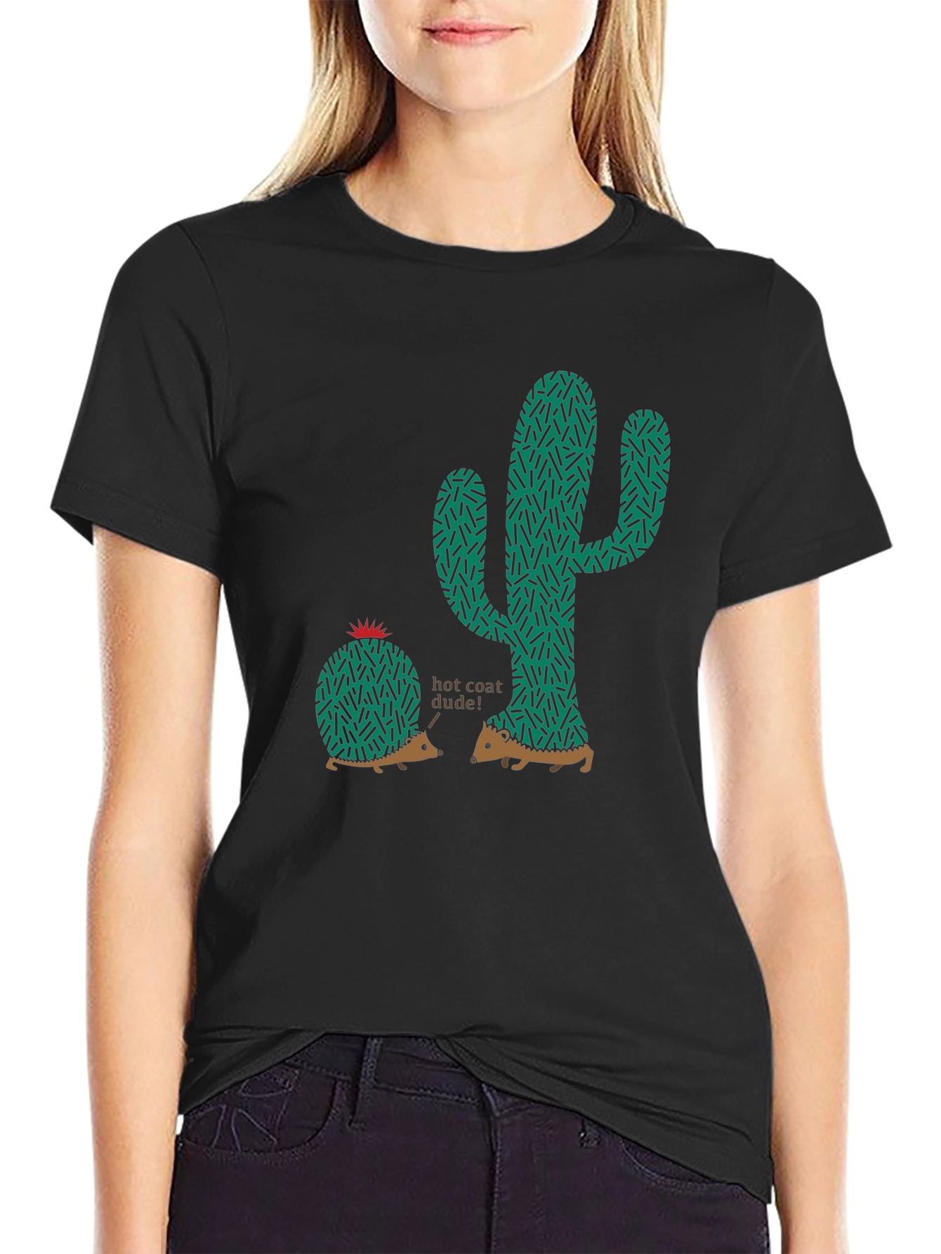 Unique Hedgehog & Cactus Graphic Tee - Black