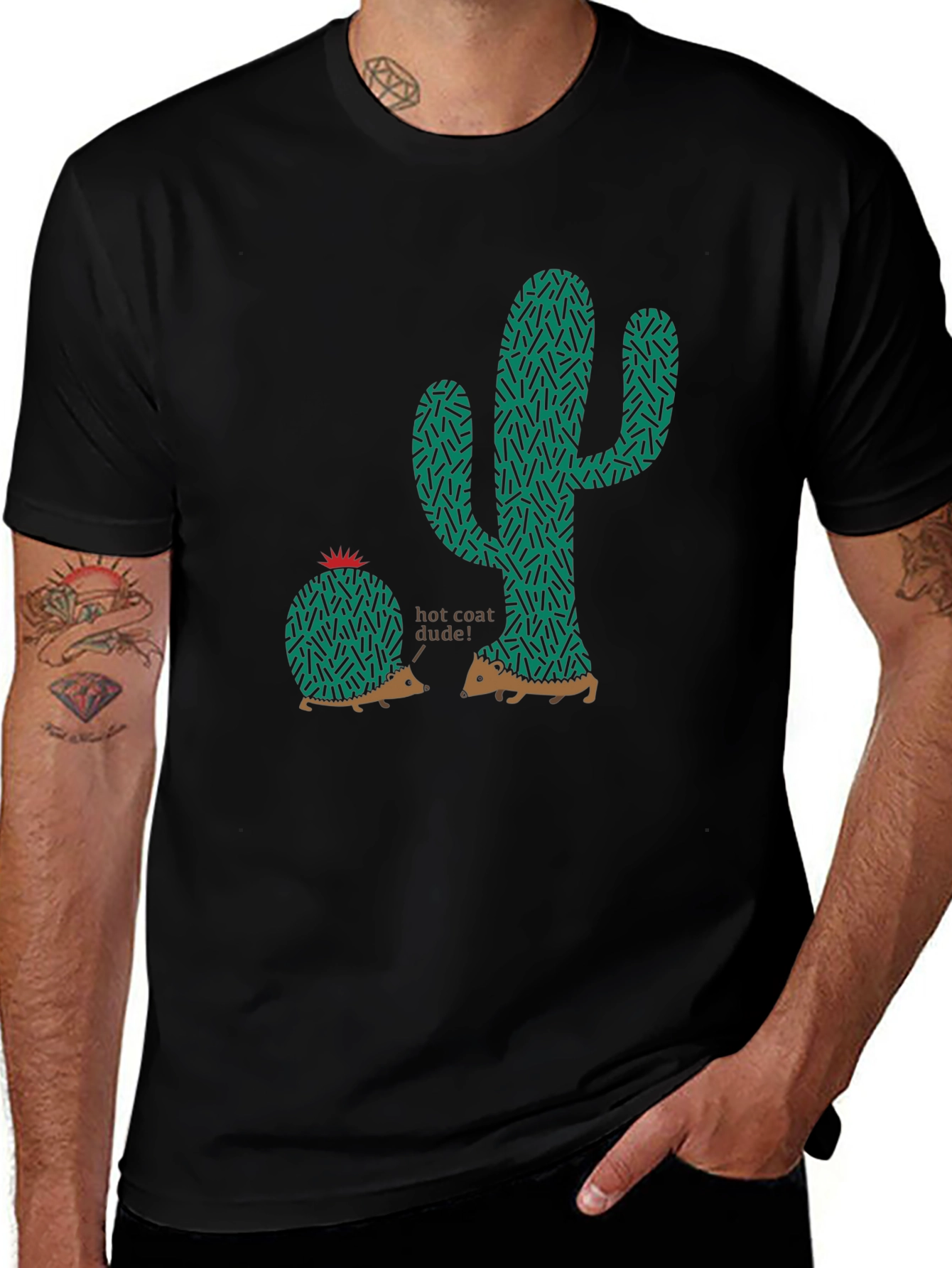 Unique Hedgehog & Cactus Graphic Tee - Black