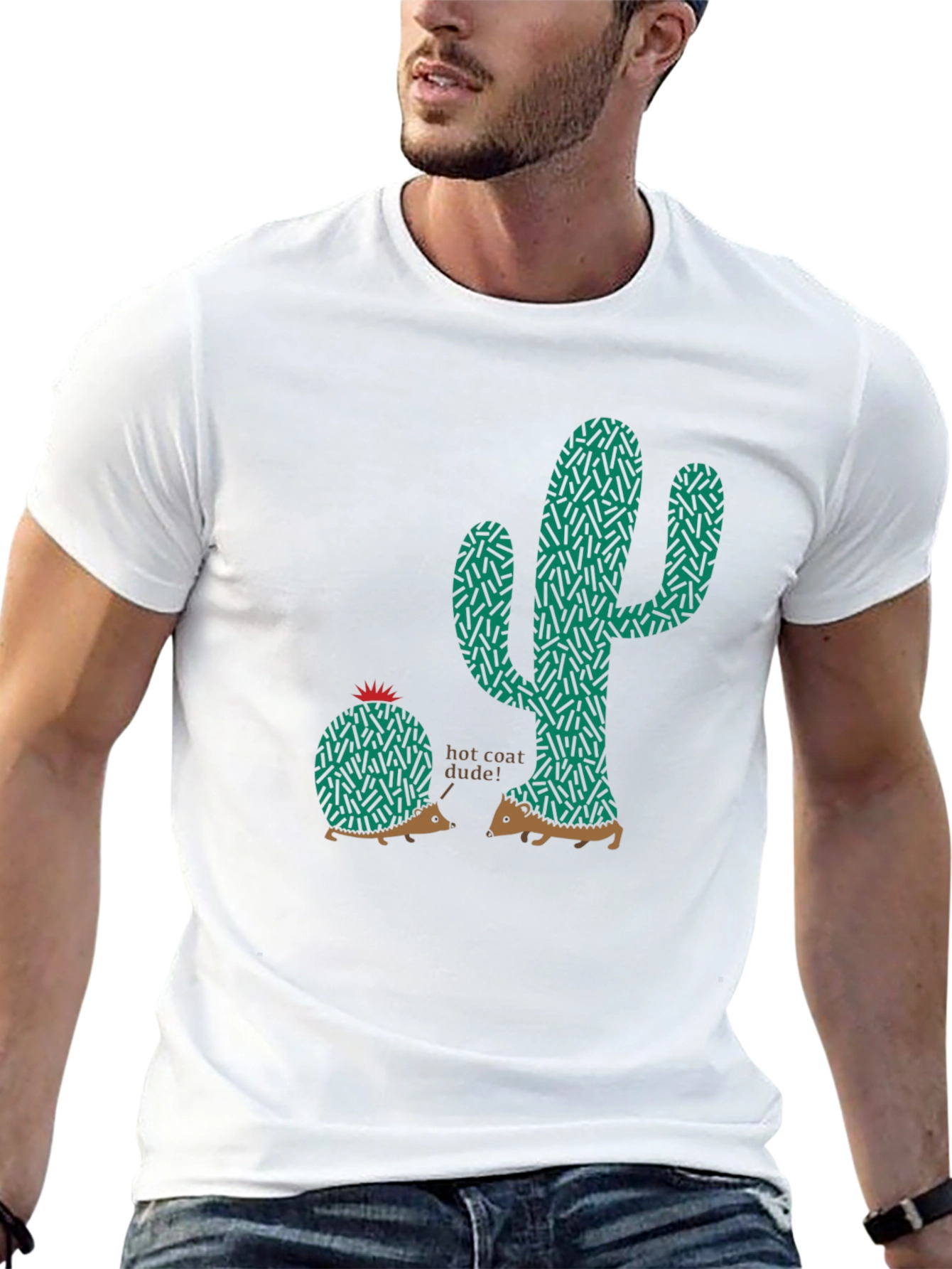 Unique Hedgehog & Cactus Graphic Tee - Black