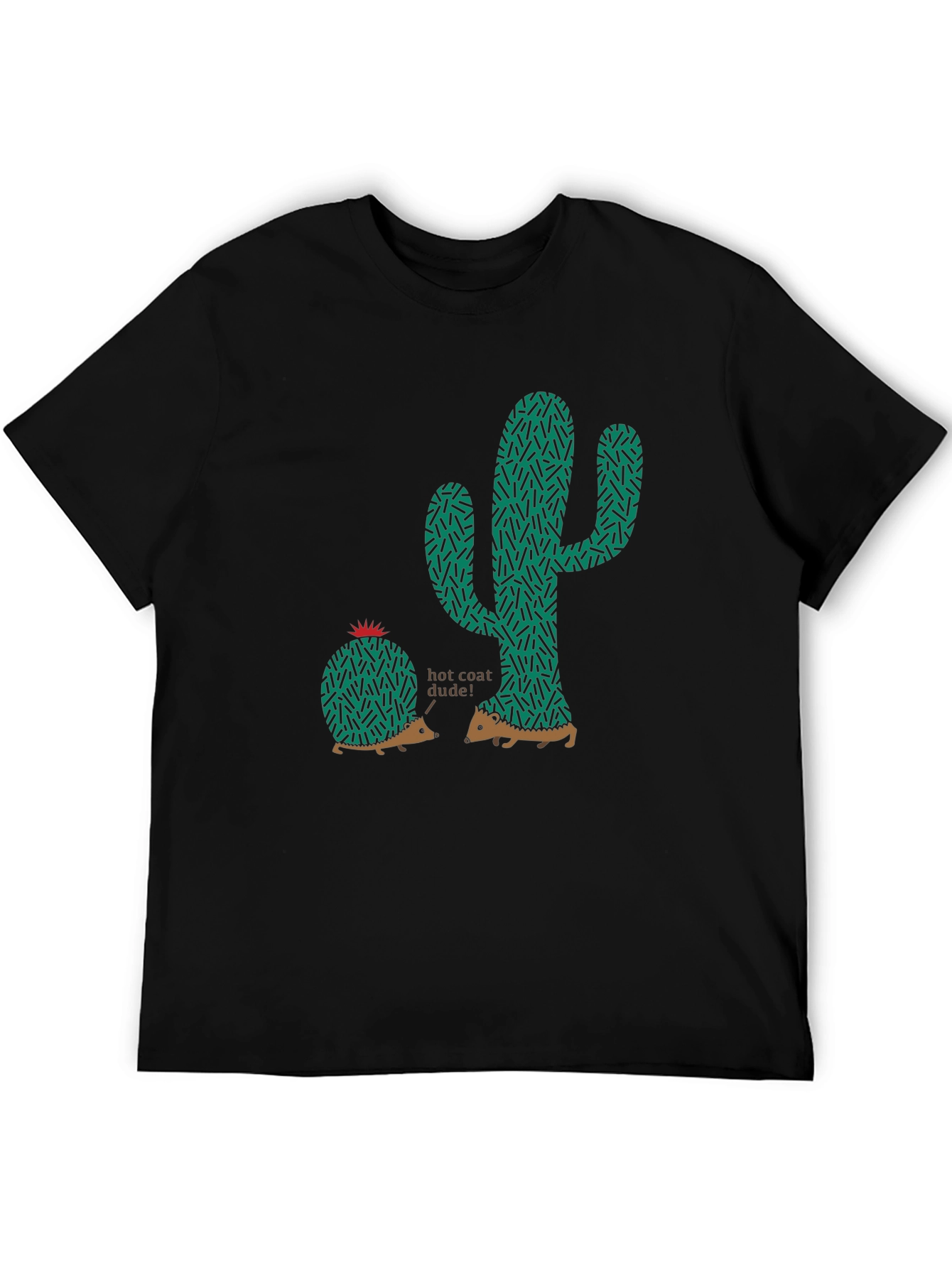 Unique Hedgehog & Cactus Graphic Tee - Black