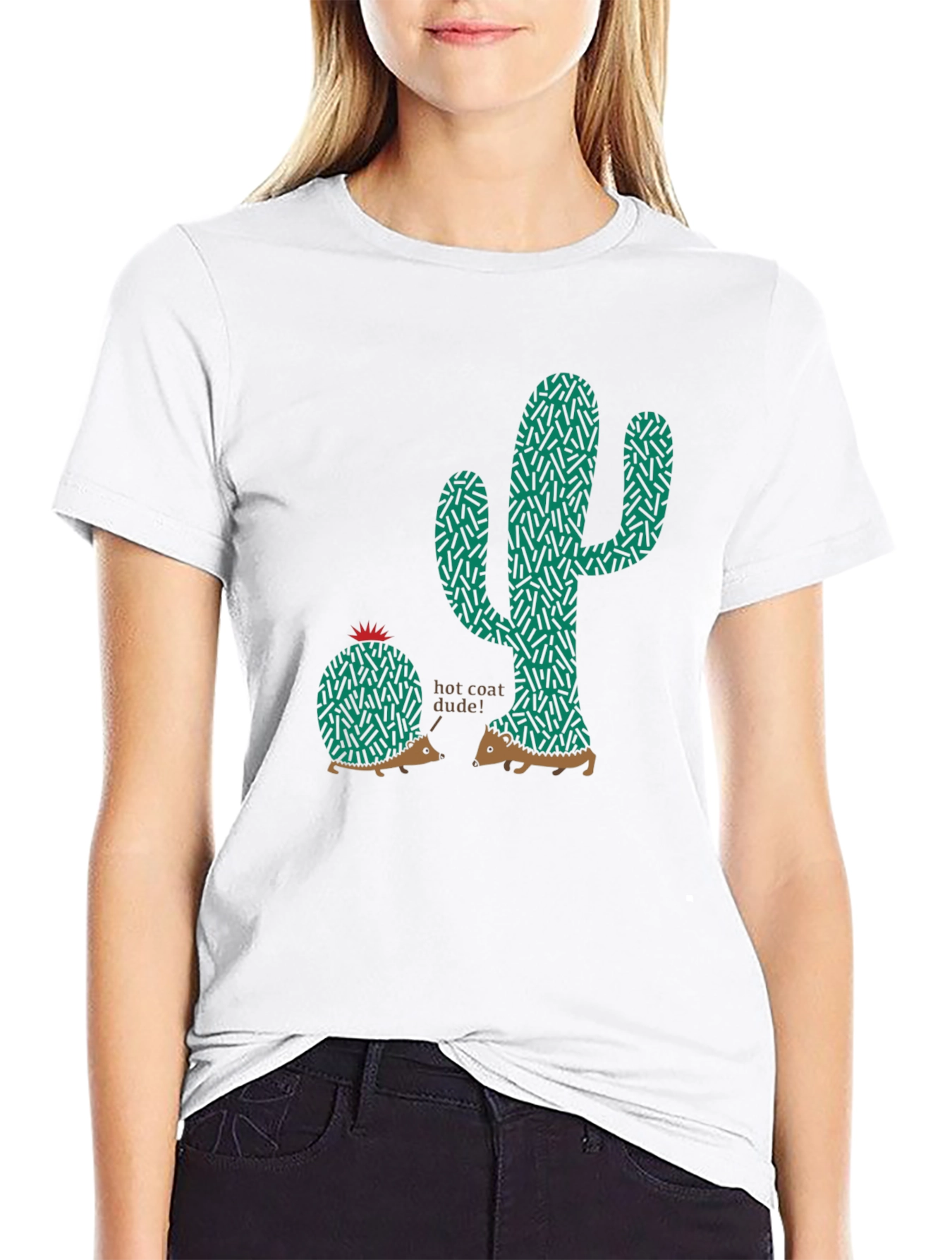 Unique Hedgehog & Cactus Graphic Tee - Black