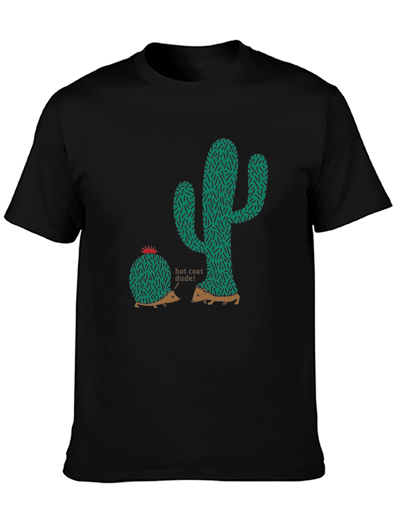Unique Hedgehog & Cactus Graphic Tee - Black