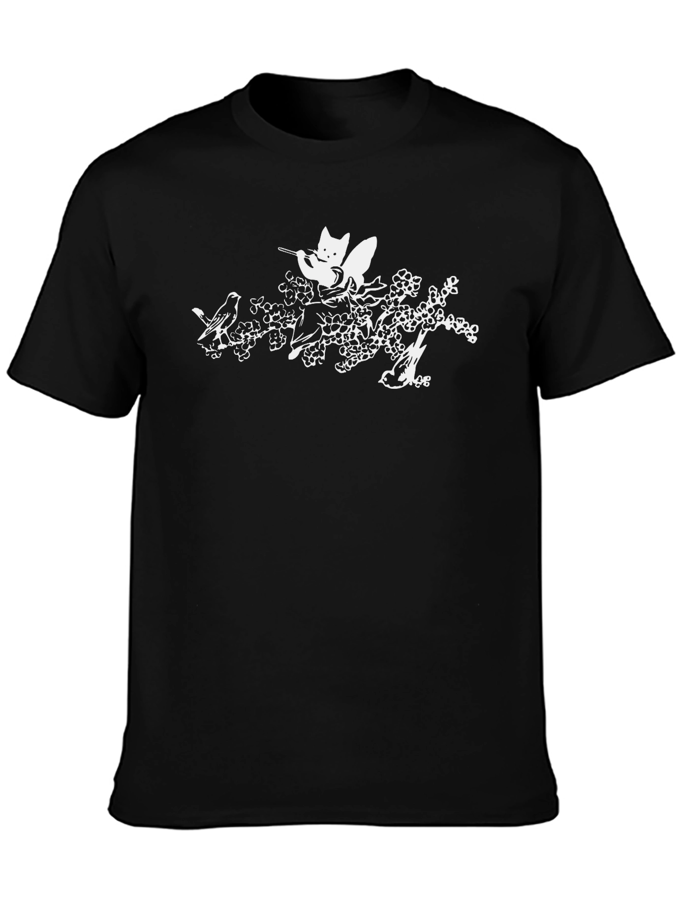 Cat & Birds Tee - Black Graphic T-Shirt