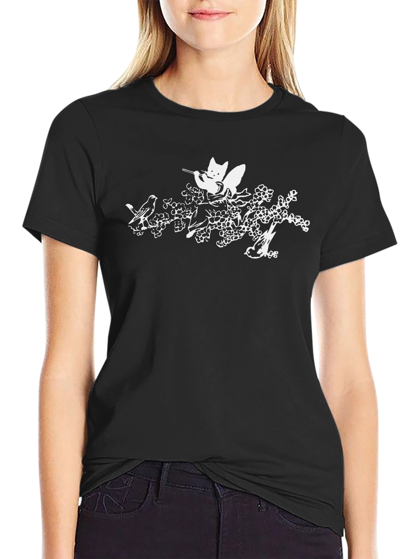 Cat & Birds Tee - Black Graphic T-Shirt