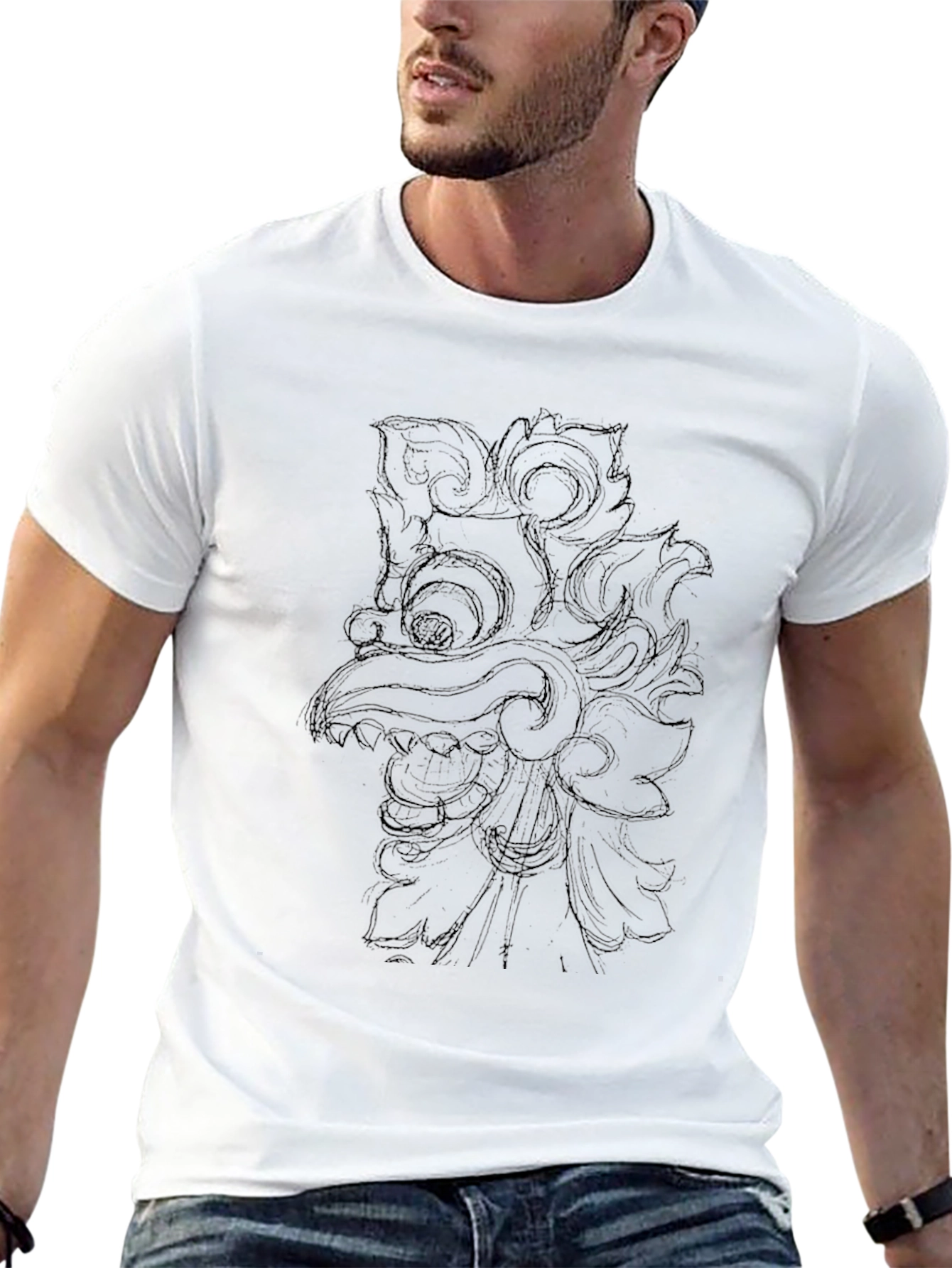 Black Graphic Tee with Traditional Mask Design