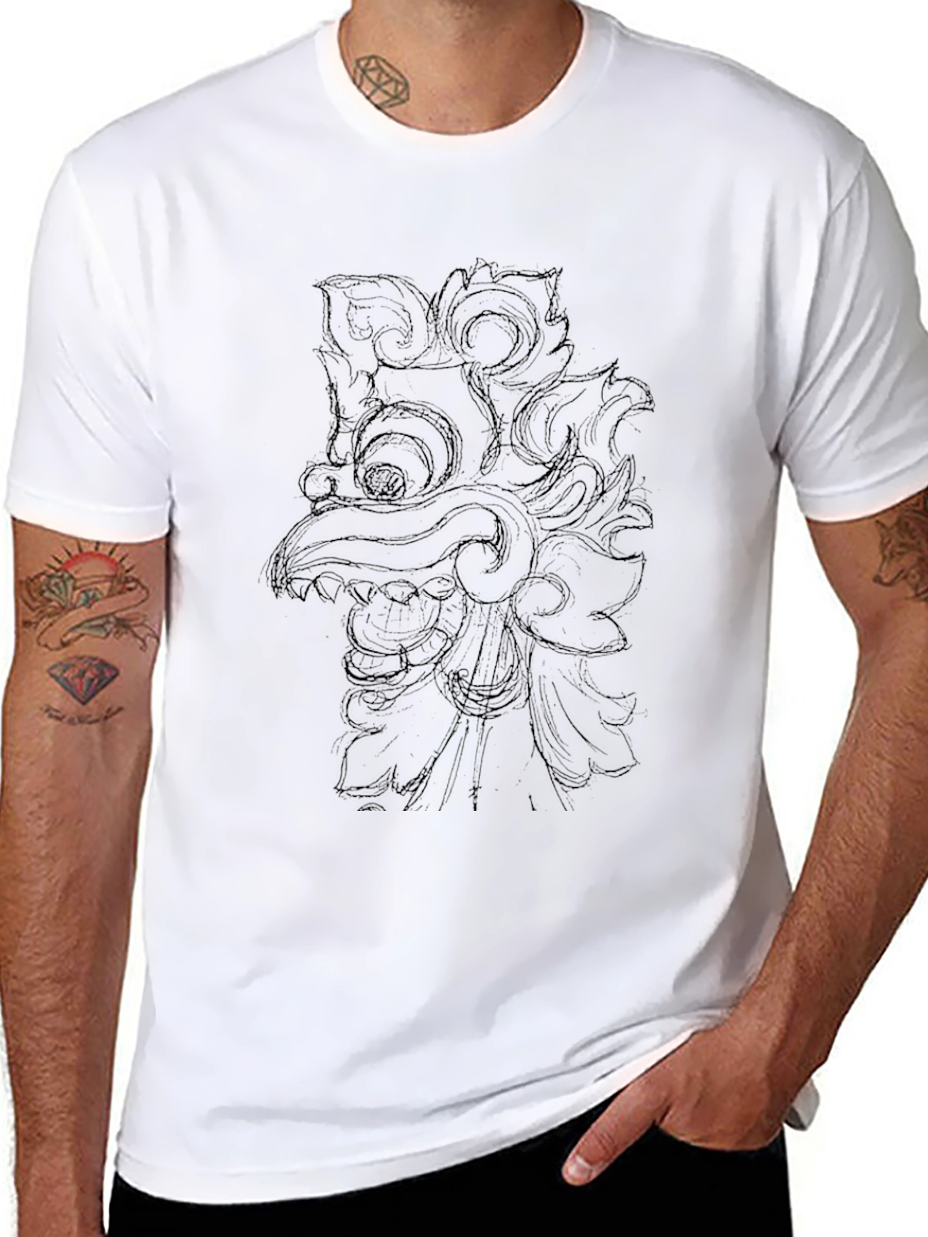 Black Graphic Tee with Traditional Mask Design
