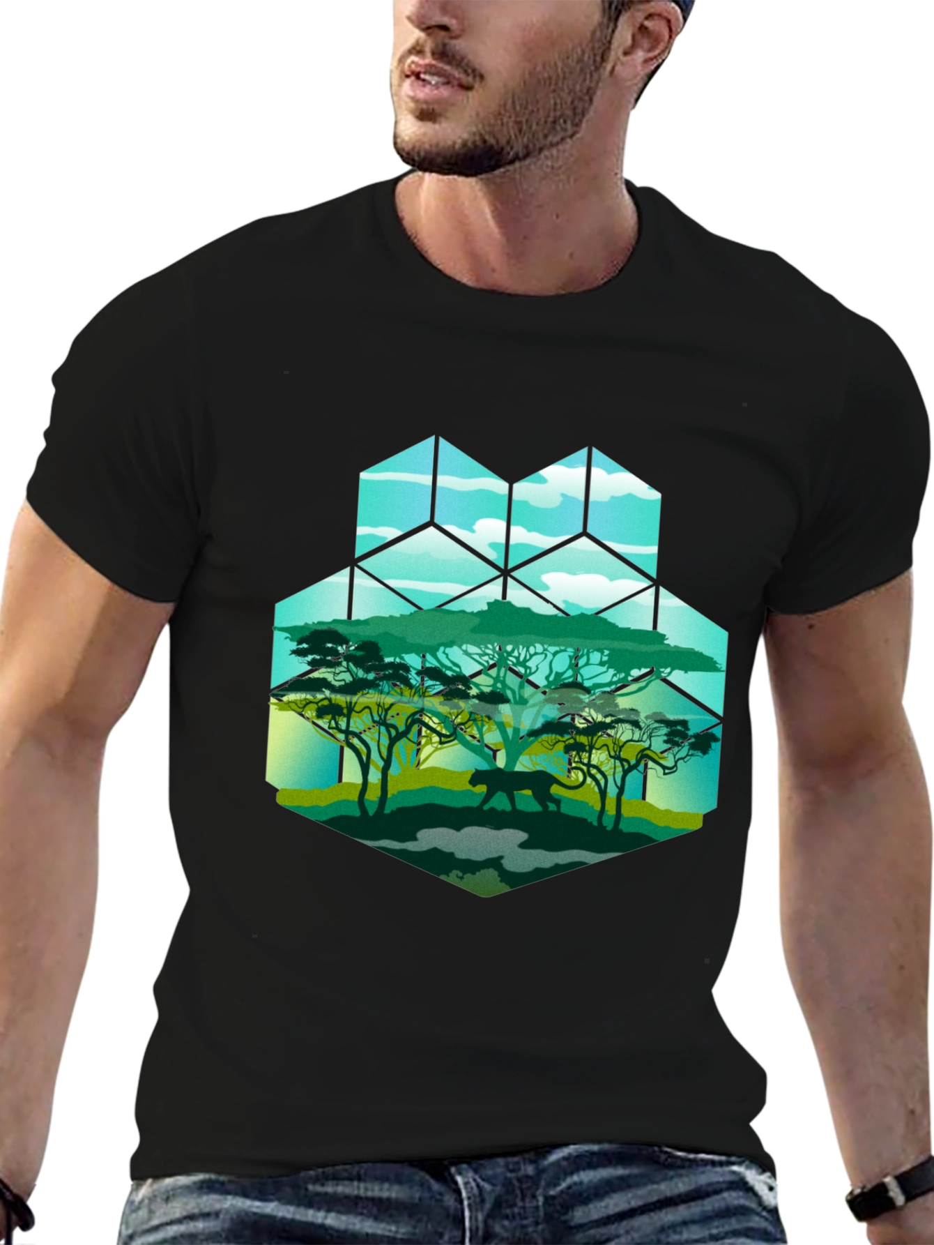 Geometric Wildlife Tee: Panther in Savannah